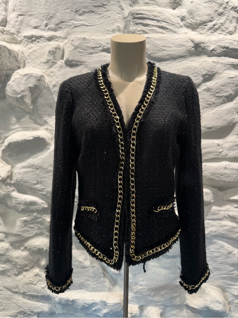 NWT Women’s WD.NY Black Gold Chain Fray Trim Tweed Jacket Size 6